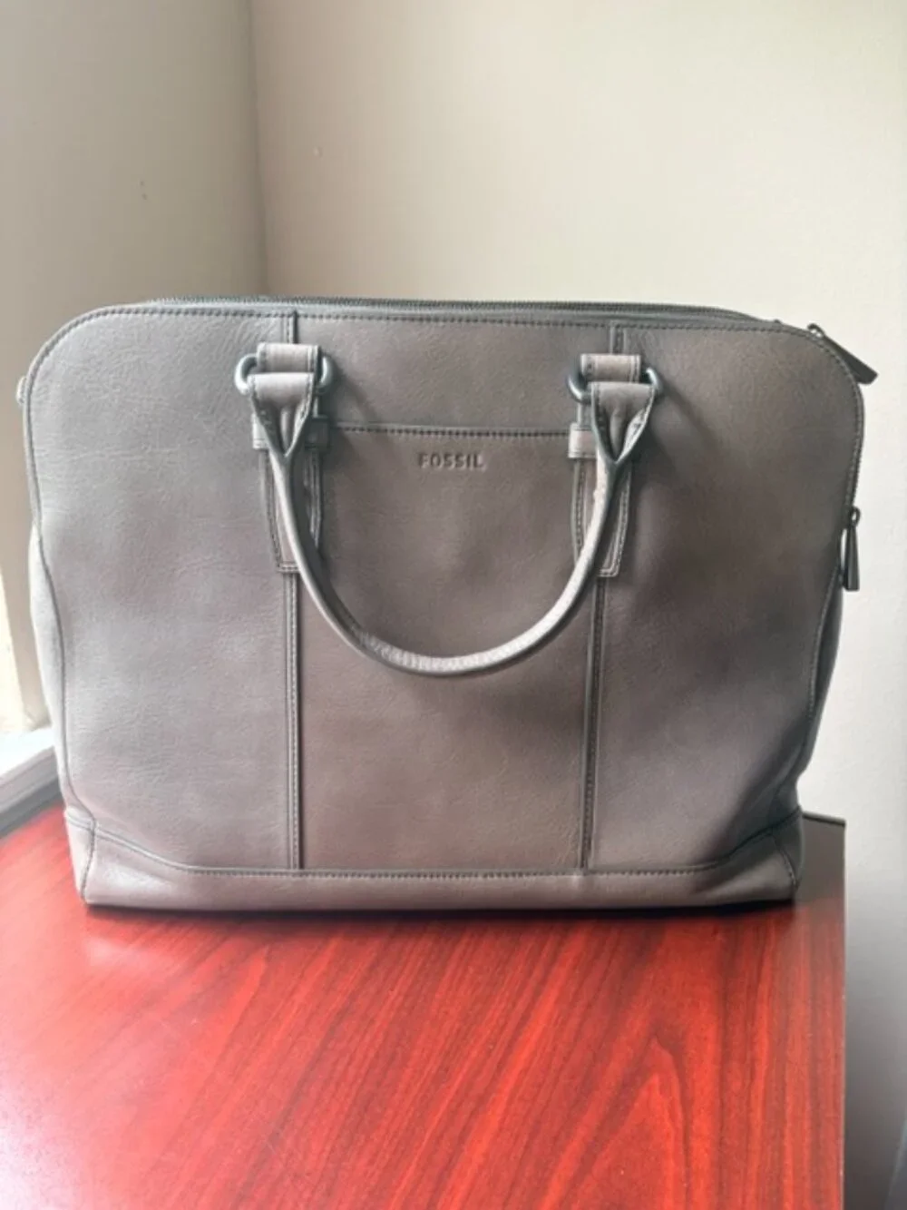 Fossil Leather Laptop Briefcase/Business Tote - Gray Taupe